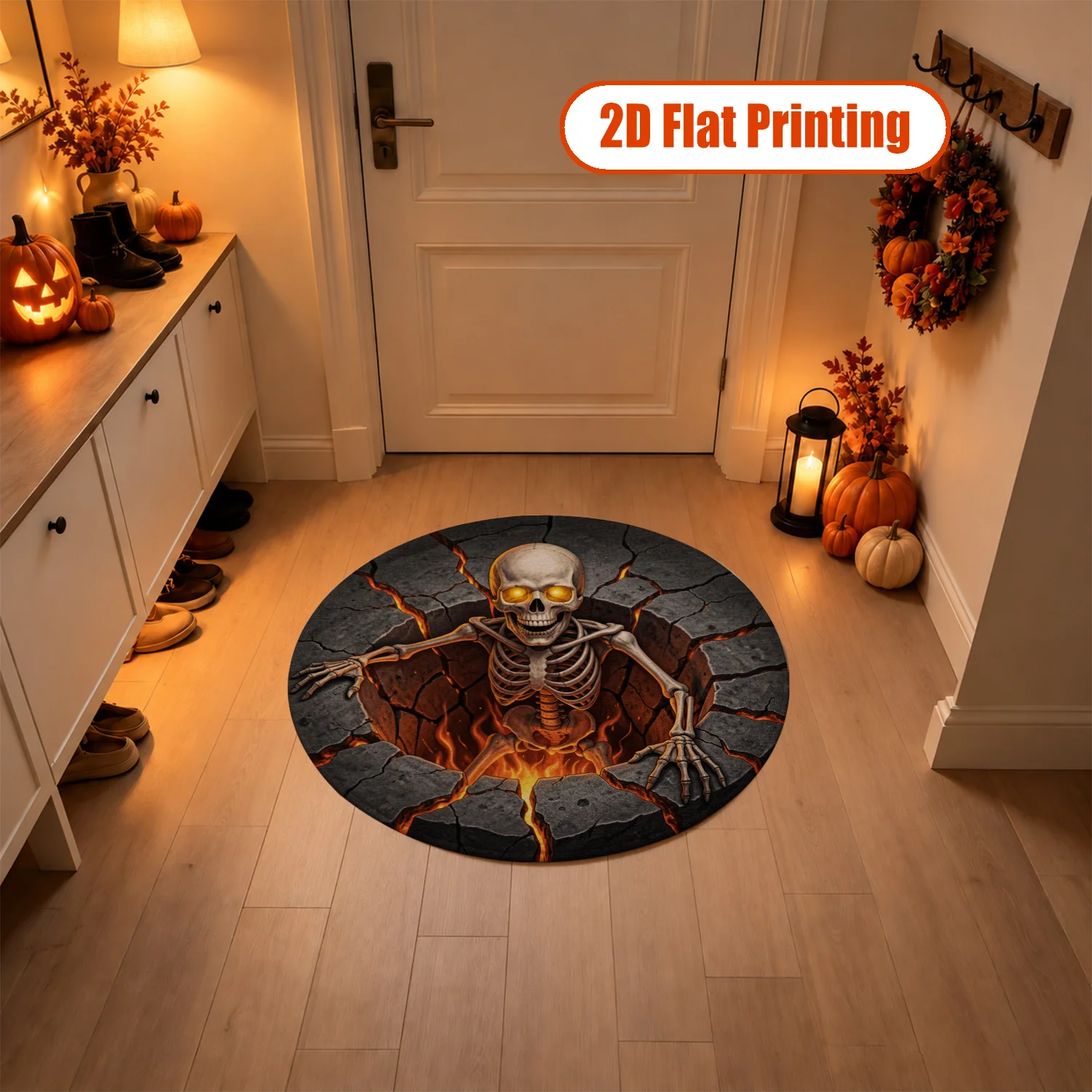 3D Fiery Skeleton Lava Cracked Pattern Round Area Rug Velvet Fabric Machine Washable Soft Durable For Living Room Bedroom Entryway Dining Room Ideal For Halloween Thanksgiving Christmas New Year Black Friday Home Decor
