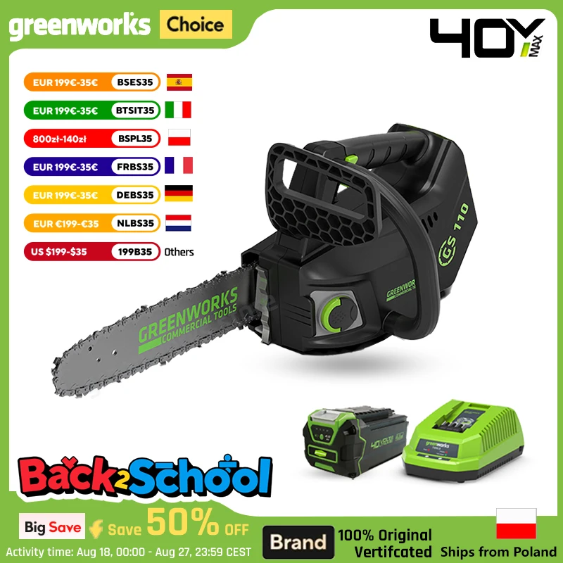 Greenworks 40 V Baumpfleger-Kettensäge mit oberem Griff, bürstenloser Motor, 10 Zoll Stange, 15 m/s, professionelle, einhandbedienbare Gartensäge GS110