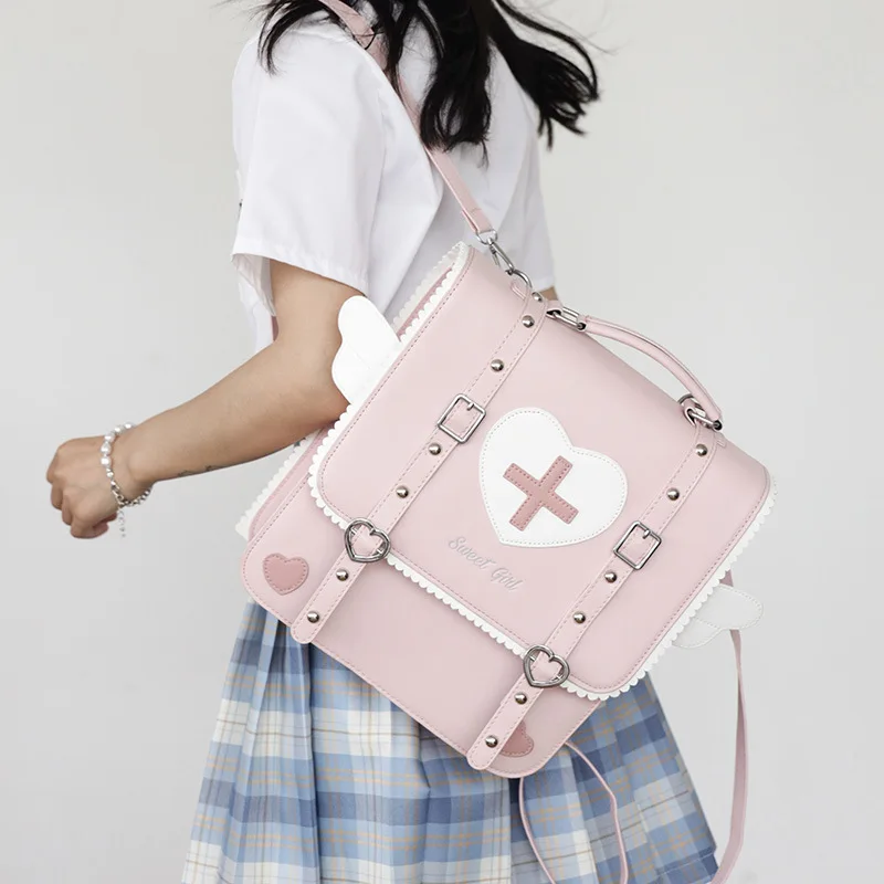 Japanese Cartoon Anime Sweet Backpacks Cute Kawaii Heart Angel Wings Girls JK Schoolbags Y2k Women Preppy Casual Backpack