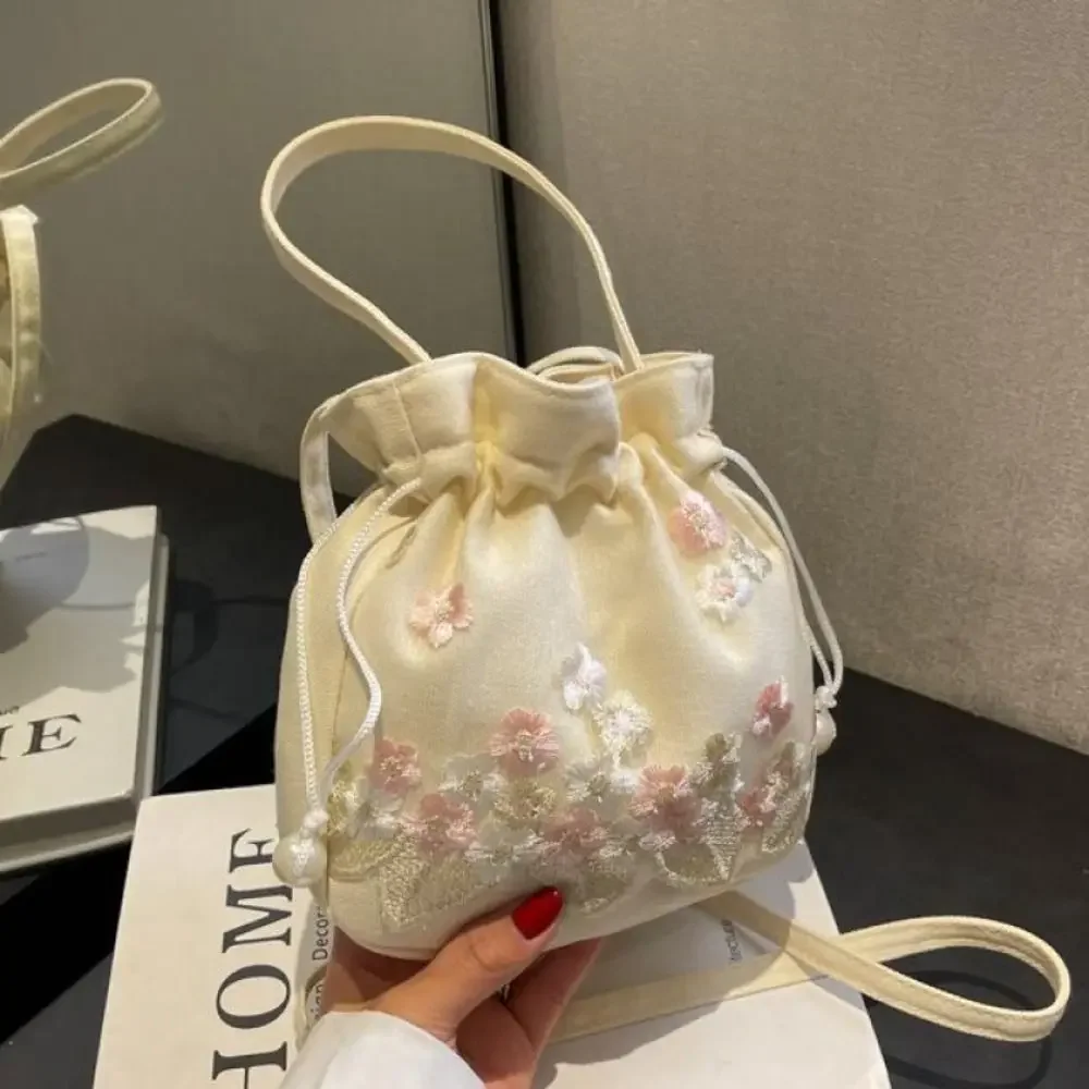 

Ethnic Style Hanfu Drawstring Bag Chinese Shoulder Bag Embroidery Flower Handbag Ancient Style Storage Bag Floral Bucket Bag
