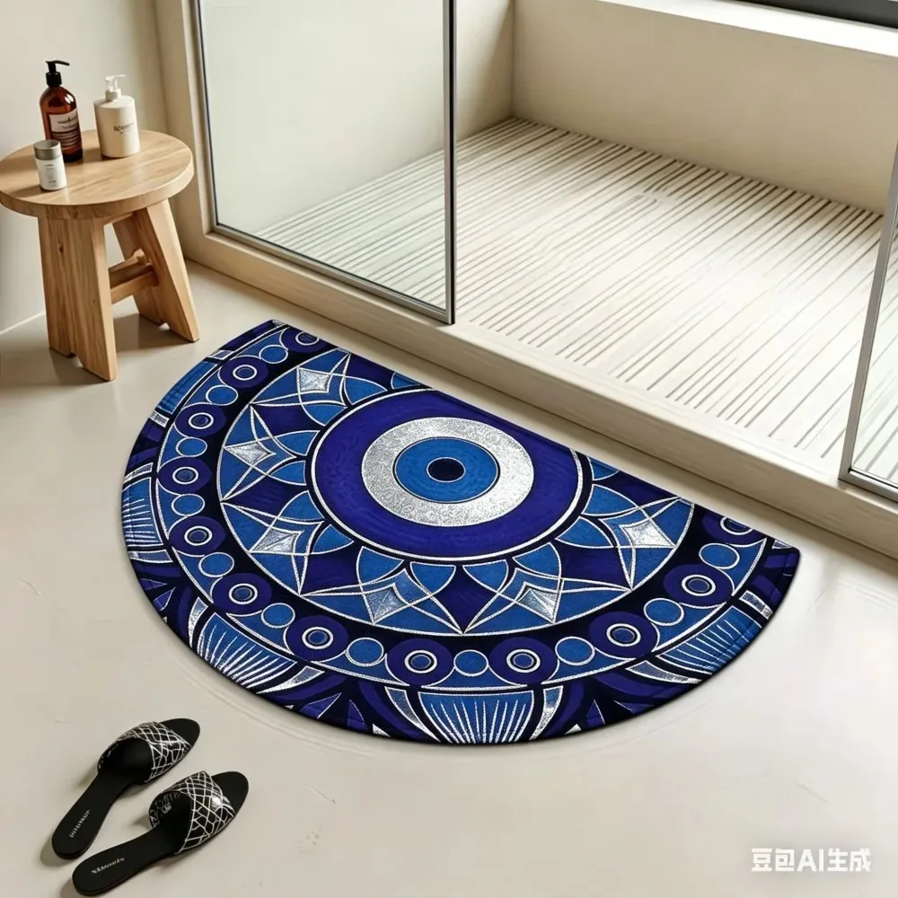 VIKAMA Mediterranean Style Evil Eye Semi-Circular Carpet, Entrance Welcoming Mat For Bedroom And Bathroom, Home Decoration