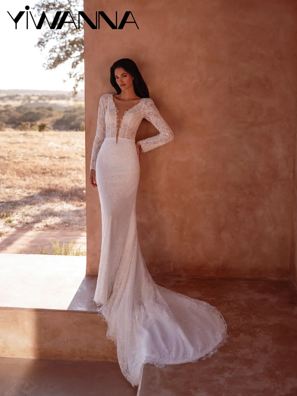 Affascinante abito da sposa in pizzo con perline lucide Abito da sposa sexy a sirena con scollo a V profondo Nuovi abiti lunghi fino al pavimento personalizzati per la sposa