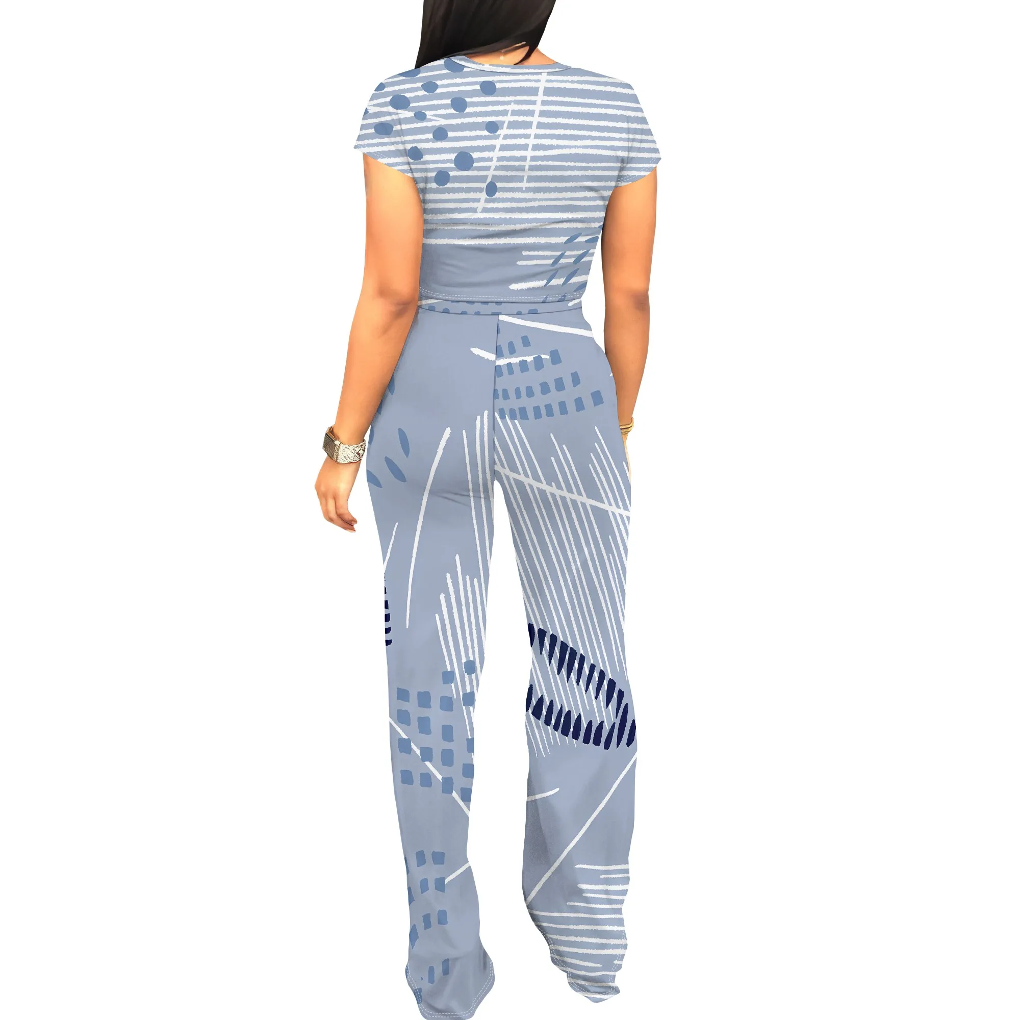 Conjunto de dos piezas con estampado de líneas abstractas azules, conjunto de top corto de verano para mujer y pantalones de pierna ancha