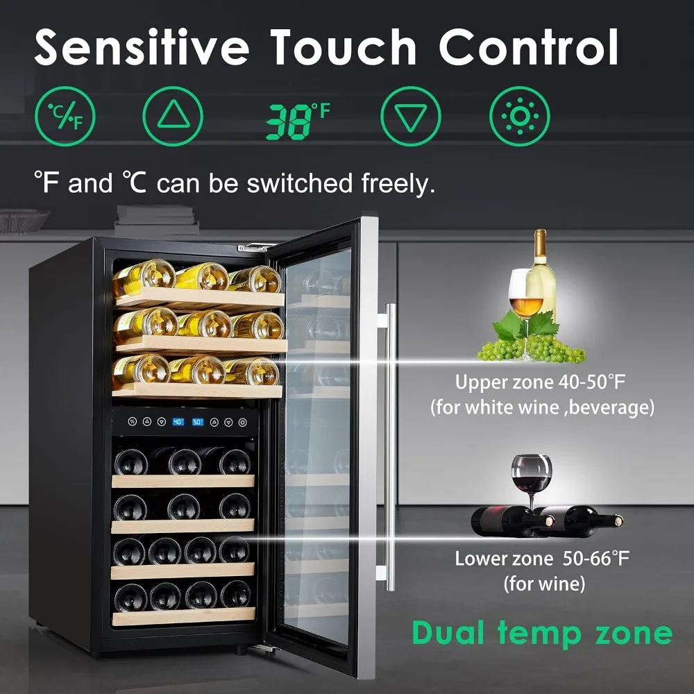 Wine Cooler Refrigerator 16 inch Wine Refrigerator 33 Bottles Dual Zones Mini Wine Fridge Auto Defrost Temperature Memory