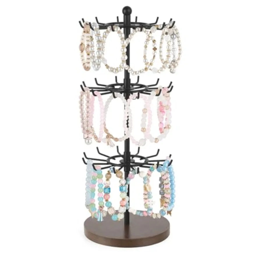 Bracelet Holder Gold Metal Rotating Bracelet Display Stand 3 Tier Jewelry Tower rack with 36 Hooks and Wood Base Modern Adjusta