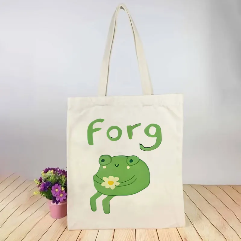 1 Printed Canvas Bag Cute Little Frog Holding Flowers Unisex Breathable Trucker. Portable White Crossbody Bag. with Closure. Sui