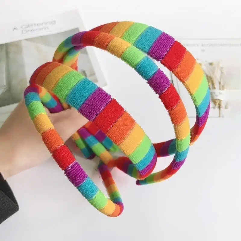 

39BB Женская осенне-зимняя плюшевая повязка на голову Радуга Красочные полосатые эластичные обручи для волос Фестивальная Мытье