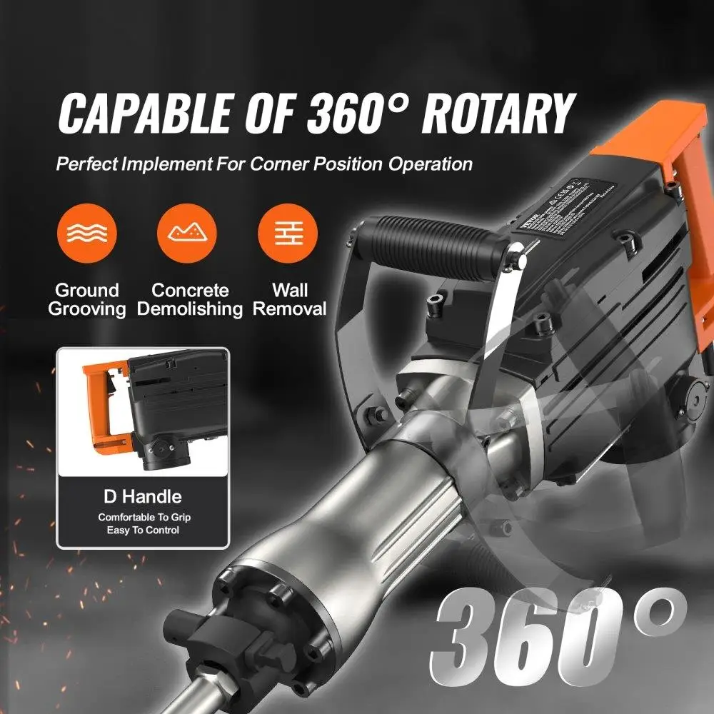 Jack Hammer Listrik 2200W yang Kuat Pemecah Beton Tugas Berat 1350 BPM dengan 6 Mata Pahat dan Tas Jinjing