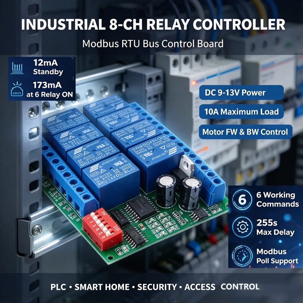 DC12V 8 Channel Modbus RTU Relay Module 10A 6 Commands Delay Interlock 64 Devices Parallel for PLC Smart Home