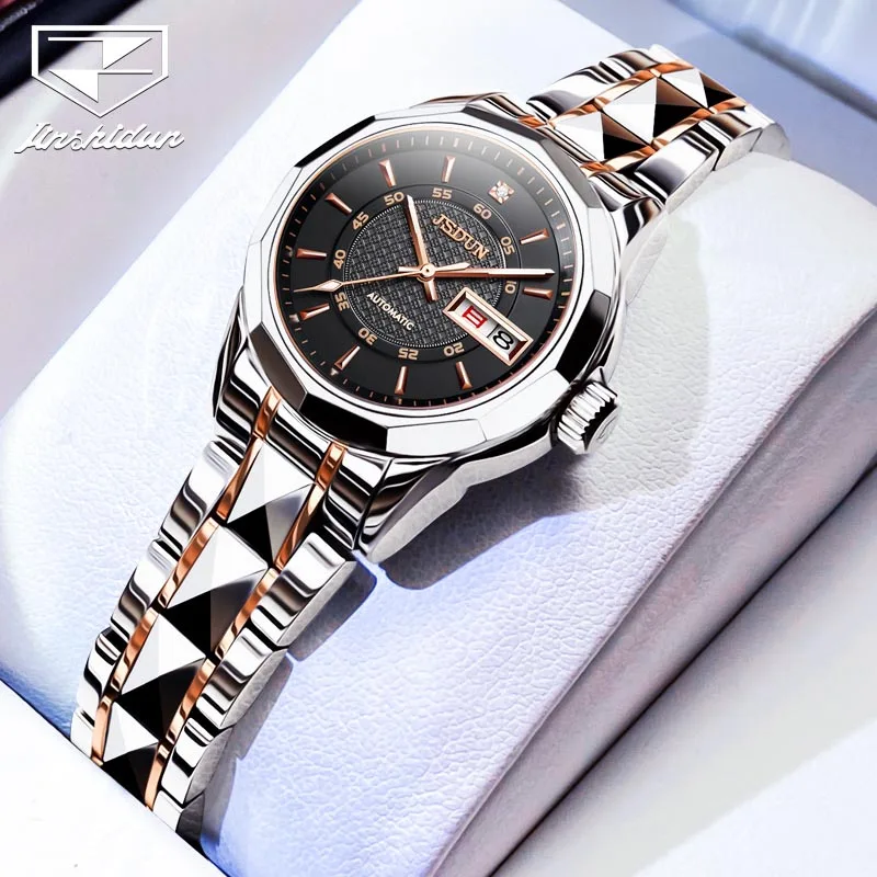 

JSDUN Luxury Brand Luminous Weekly Calendar Display Stainless Steel Women Watch Sapphire Mirror Mechanical Watches Reloj Mujer