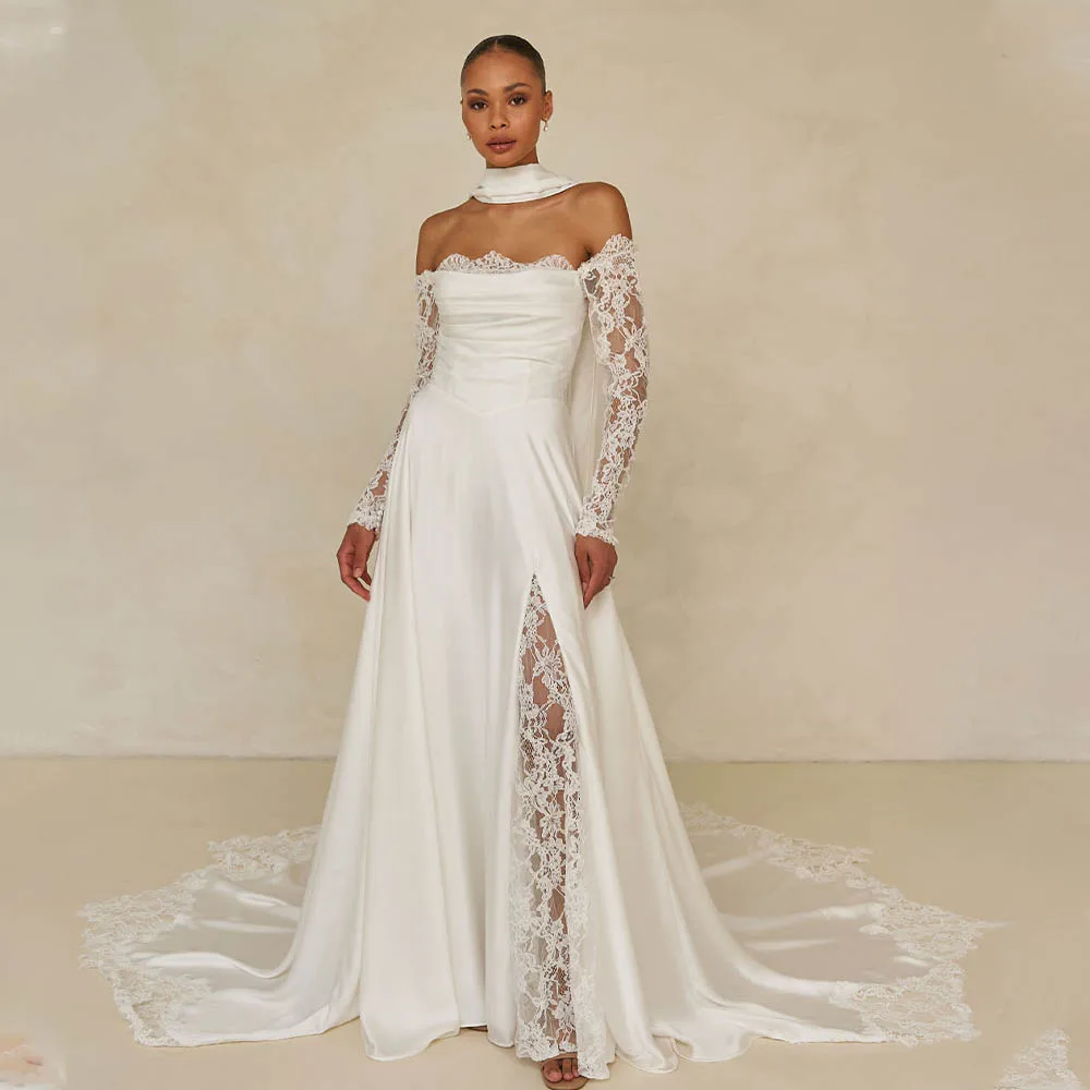 Элегантные атласные кружевные свадебные платья трапециевидной формы с открытыми плечами и длинными рукавами на заказ 2026 Vestido De
