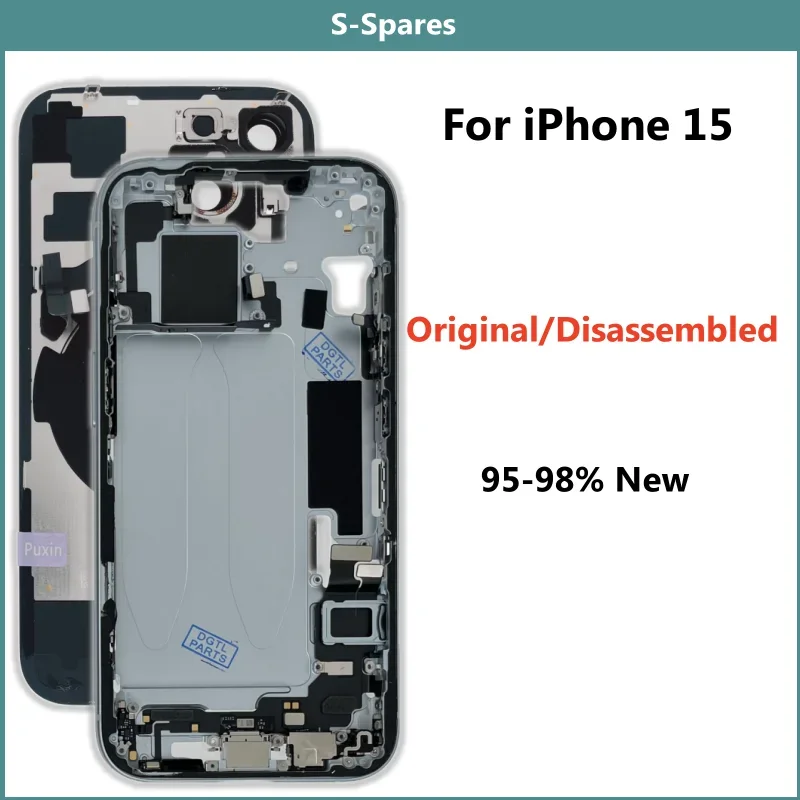 95-98% New Original Disassembled Middle Frame Housing Back Glass Cover For iPhone 15 with NFC Wireless Charger Assembly