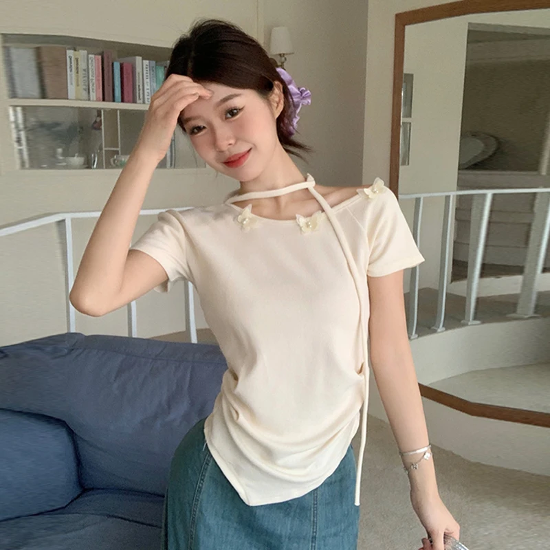 Women's Short-sleeved Waist Tops Summer Butterfly Decoration Off-shoulder Women's Pullover Round Neck Sweater