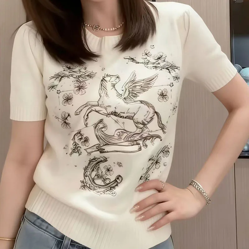2026 Women's Cashmere Knitted Short Sleeve T-shirt round Neck Embroidered Top Luxury Soft Fabric Casual Fashion Women's Wear