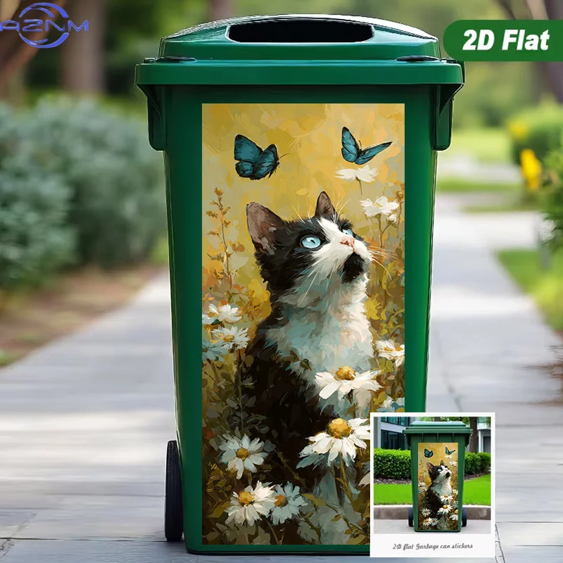 2D Flat Printing 1pc Trash Can Sticker 37×82cm, Cat Playing with Butterfly, Animal Themed Design, Self-Adhesive Wall Decal Wal