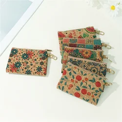 Retro Bedrukte Portemonnee Vrouwen Mannen Kurk Mini Portemonnee Kleine Tas Sleutelhanger Ring Wisselgeld Portemonnees Rits Geldzakken Vierkante Clutch Tas