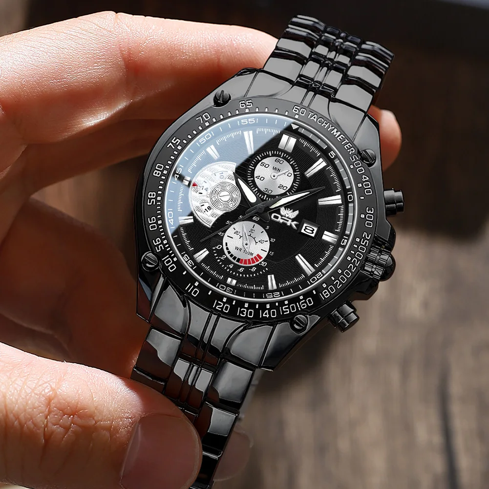 OPK Mens Watches Brand Stainless steel Men's Wristwatch Waterproof Luminous Calendar Three small dials Quartz Watch Reloj Hombre