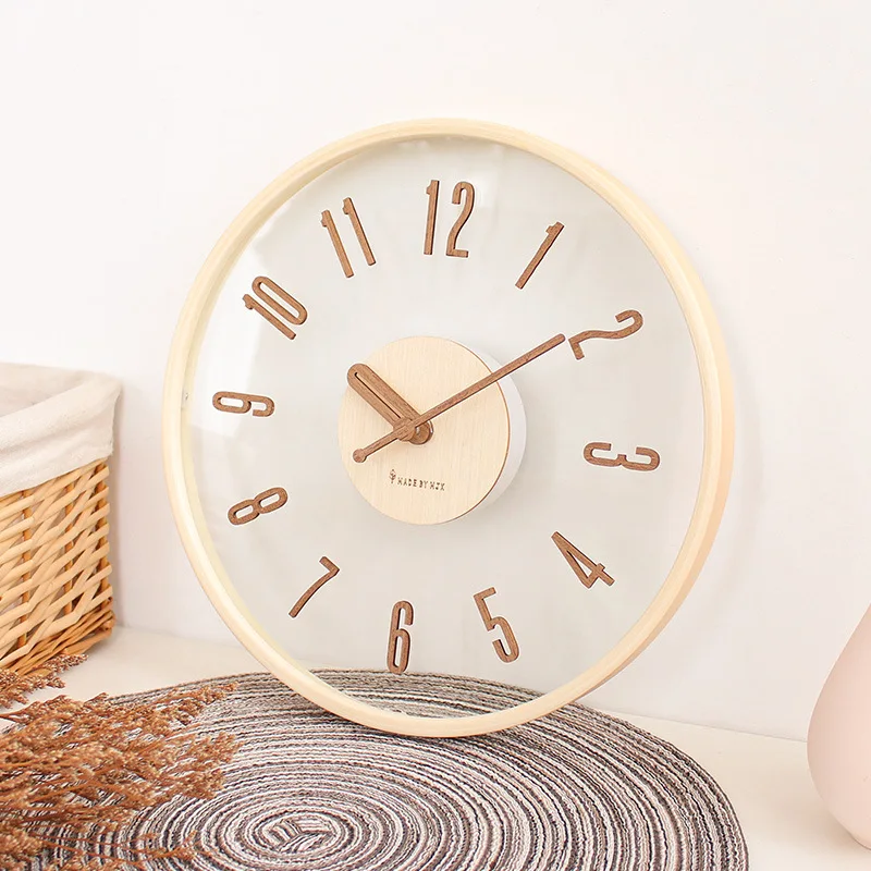 Modern Nordic Minimalist Wall Clock Living Room Transparent Glass Solid Wood Wall Clock Home Decoration Japanese Style Clock