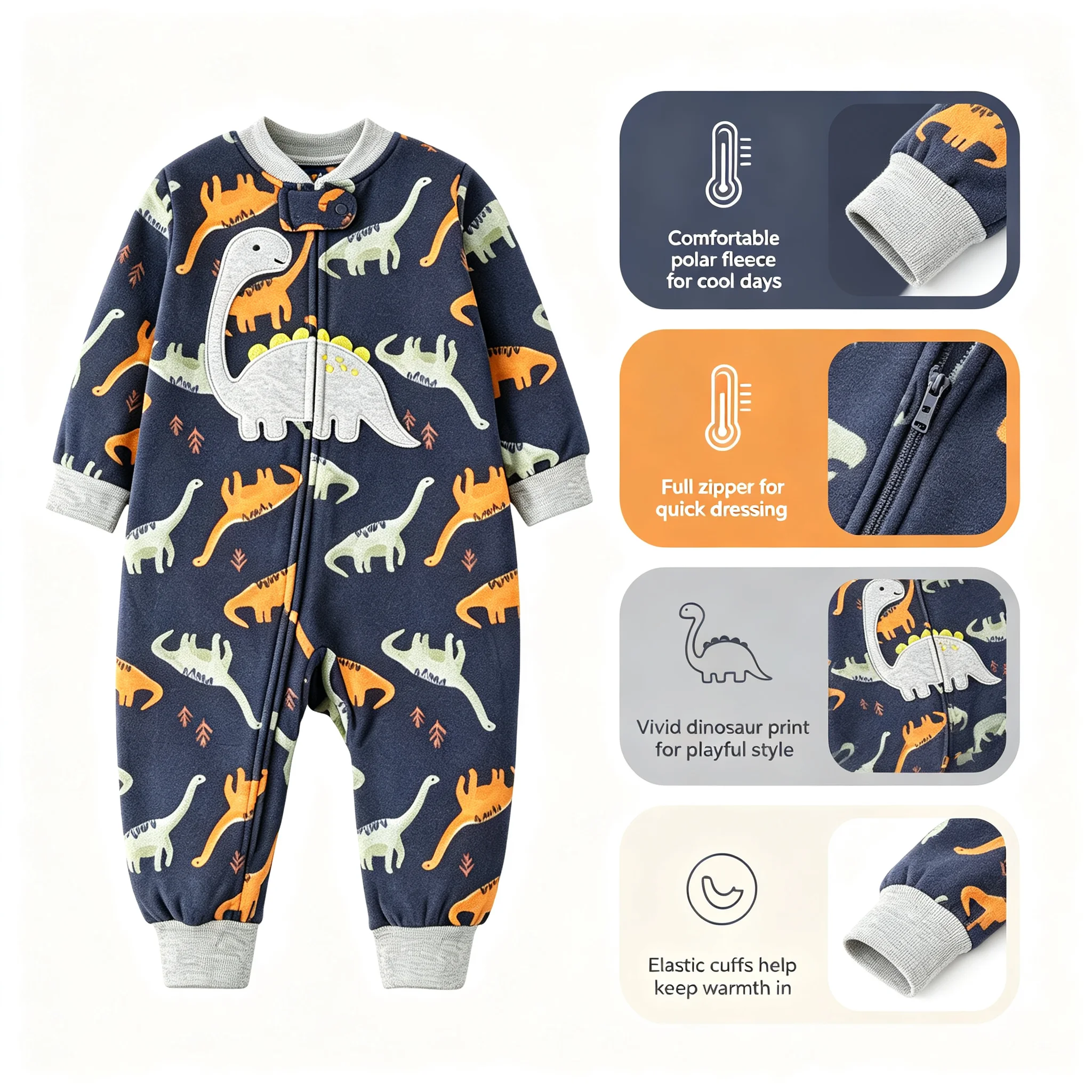 Kids Warm Polar Fleece Full Zipper Romper Dinosaur Pattern Applique Long Sleeve Footless Baby Outfit