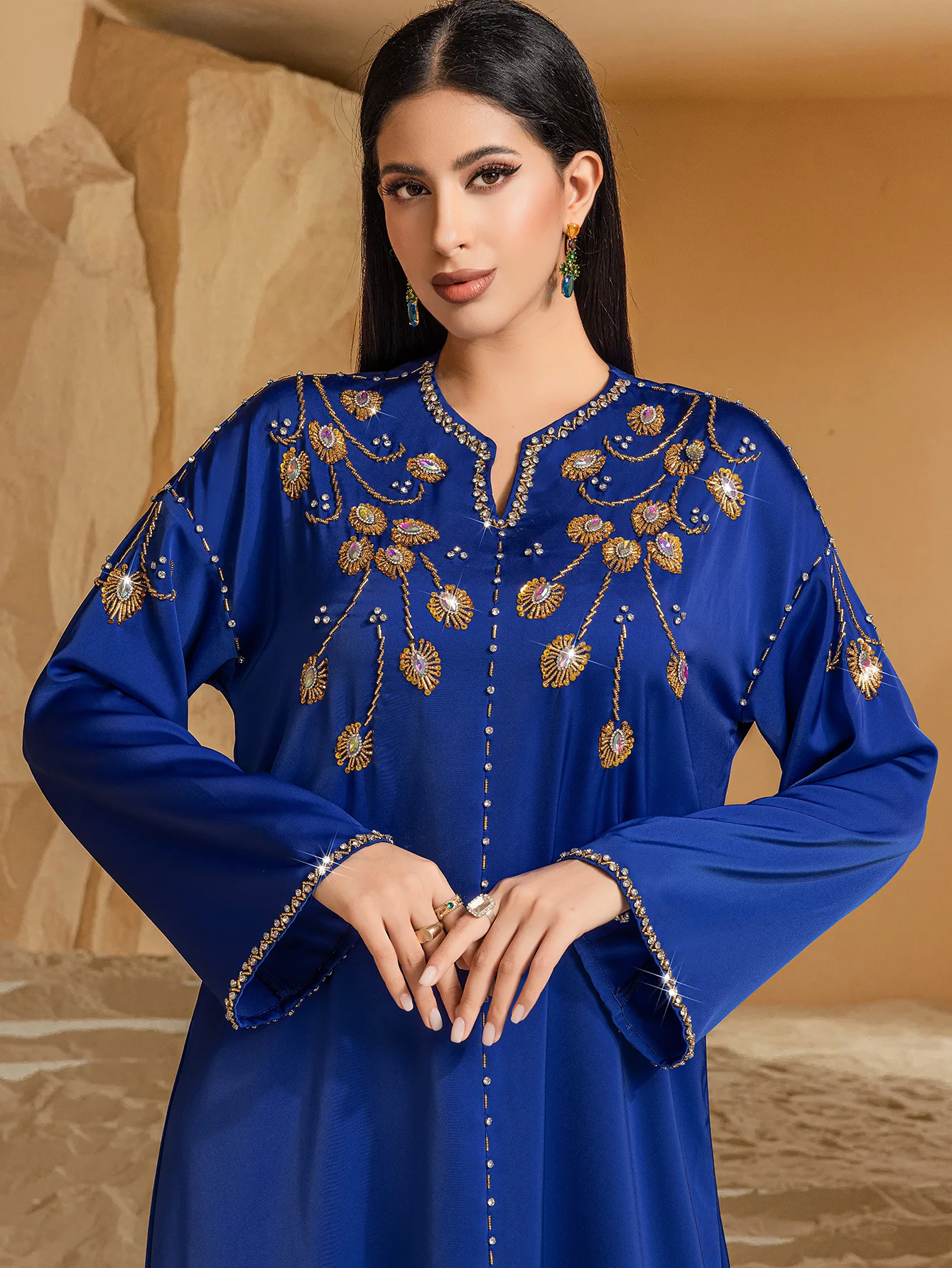 Médio oriente muçulmano cor islâmica azul indústrias pesadas arábia saudita abaya costurado à mão vestido de diamante vestido de festa longo