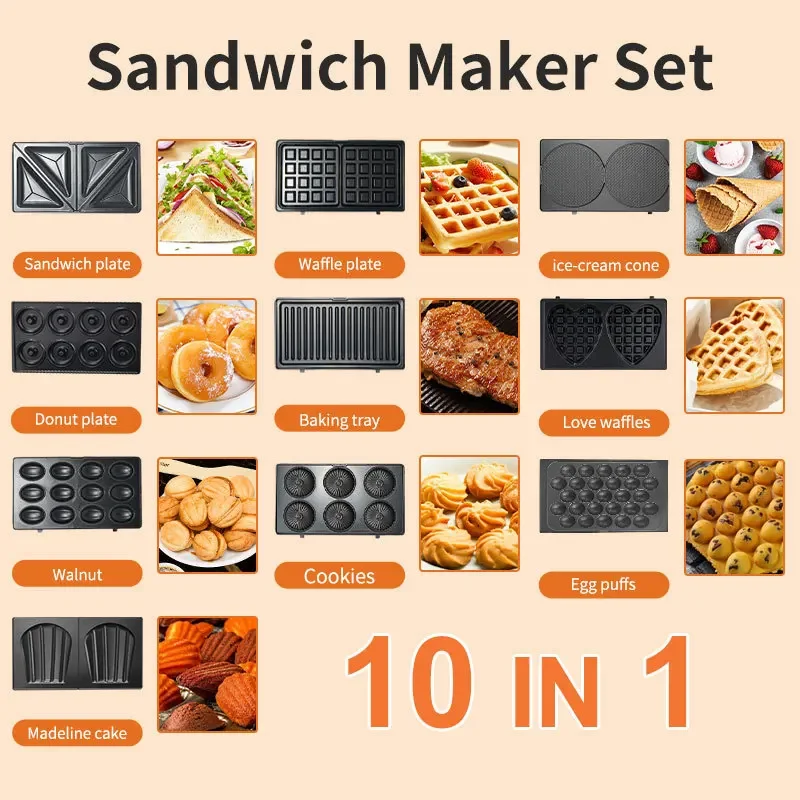 220/110V Household Appliances 10 in 1 Sandwich Maker Mini Home Breakfast Maker Multi-function Bread Maker Detachable
