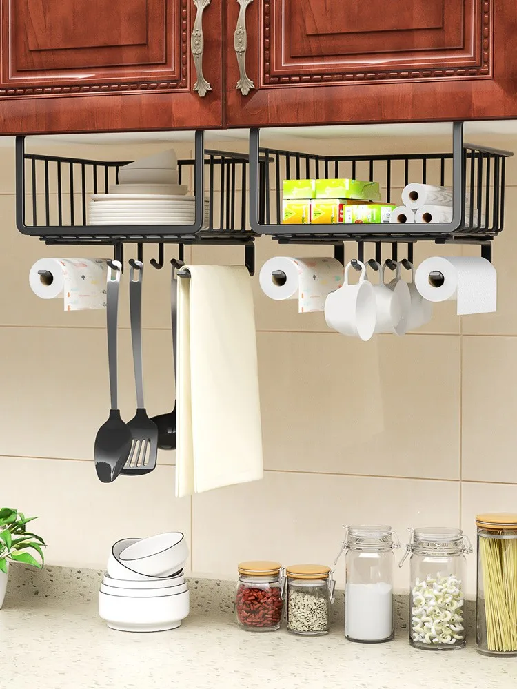 

Kitchen Cabinet Metal Lower Holder Layered Storage Wall Cupboard Hanging Basket Hook Punch-Free Hanging Basket Home Decorations