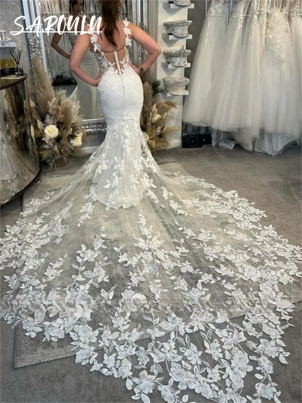 

Long Lace Train Bride Dresses Sexy Illusion Customized Wedding Dress for Women Floral Lace Mermaid Bridal Gown Plus Size