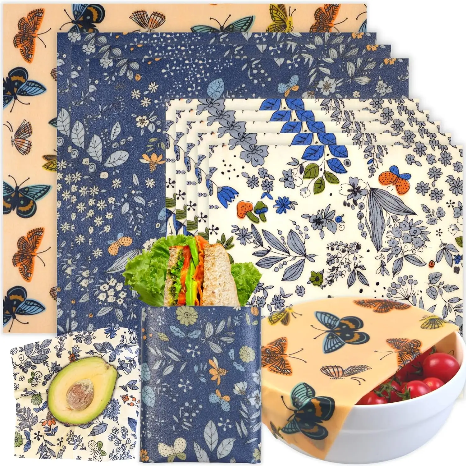 

Reusable Beeswax Food Wraps 9 Pack - Bread Sandwich Wrapper with Self-Adhesive Design for Keeping Food Fresh