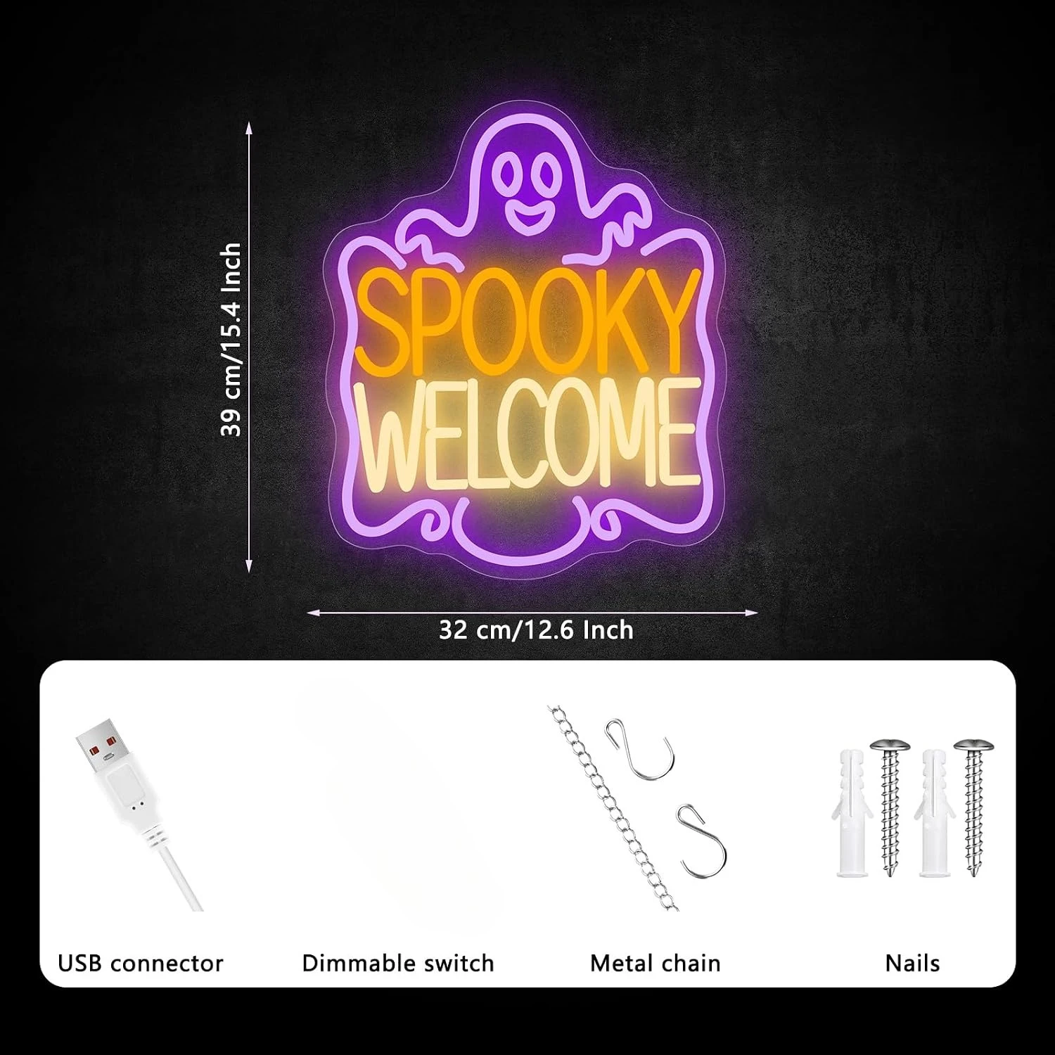 Spooky Welcome Neon Sign USB Powered Ghost LED Neon Light Halloween Party Game Room Bedroom Aesthetic Decor Night Light Gift