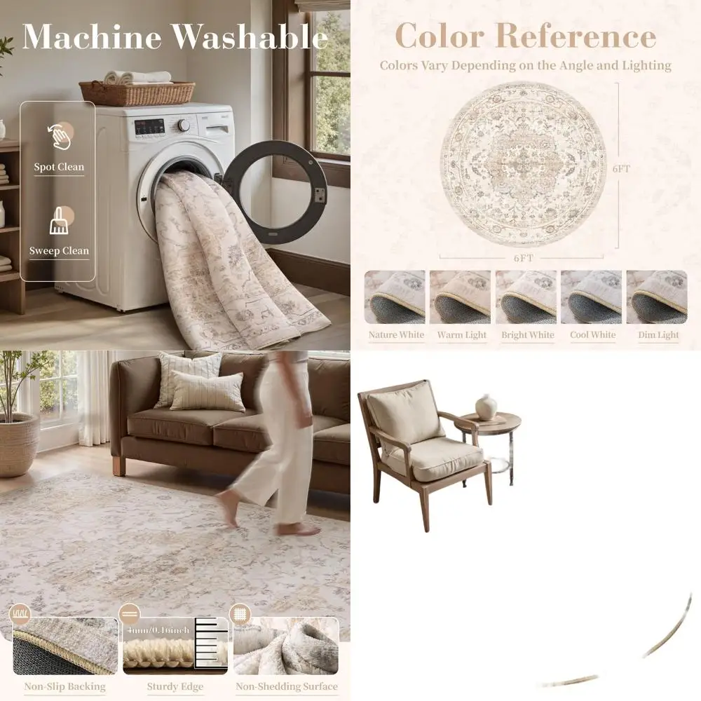 

Круглый бежевый ковер диаметром 6 футов - мягкий, можно стирать в машине, подходит для гостиной, столовой, спальни, офиса.