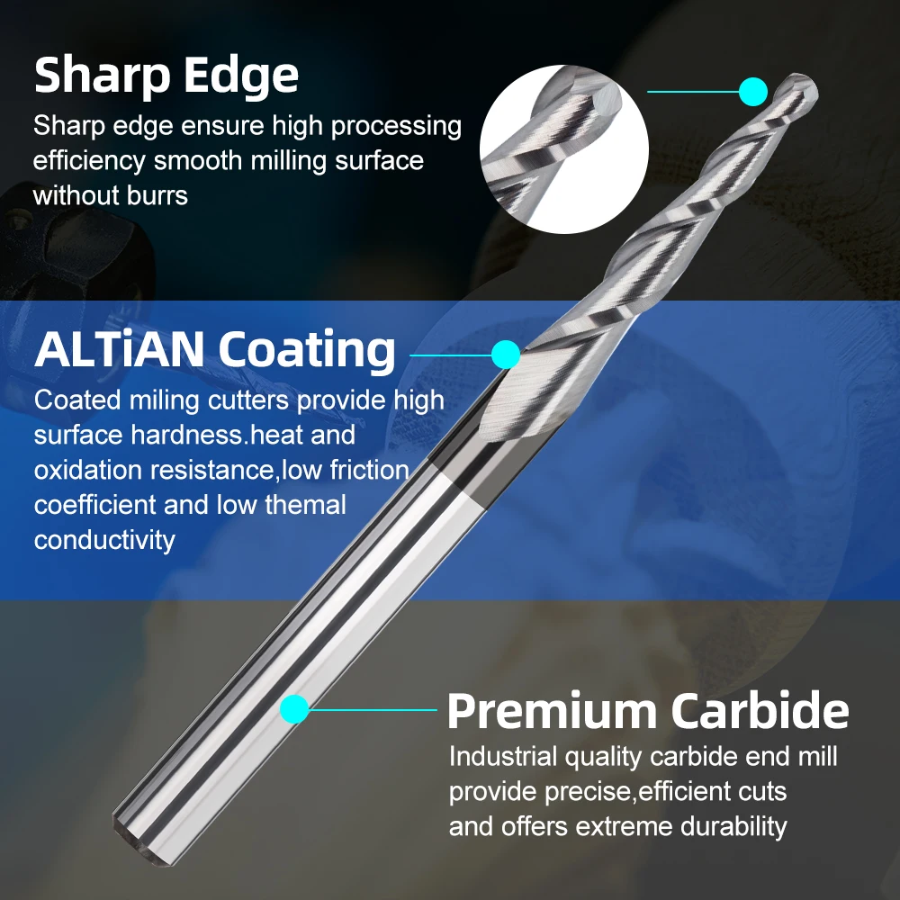 Fresa de extremo de carburo de tungsteno, herramienta de fresado CNC de 2 flautas, vástago de 3.175mm, punta de bola, R0.25-2.0, enrutador CNC