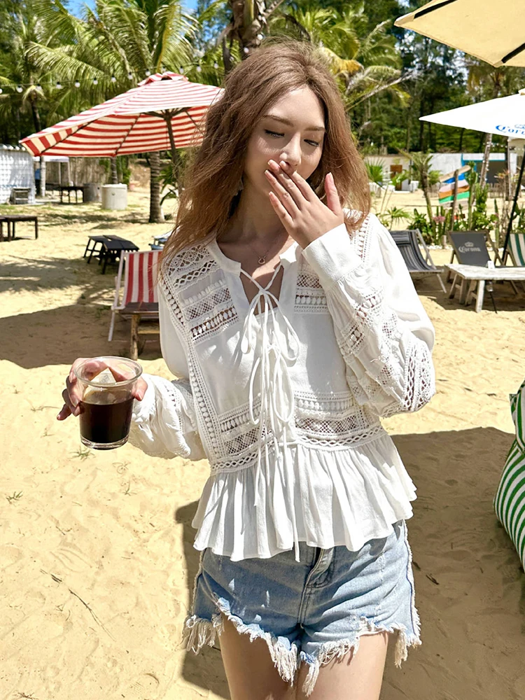 GypsyLady French Lace Chic Shirt Blouse Crochet Hollow Out White Cotton Summer Long Sleeve Women Holiday Beach Sexy Ladies Tops