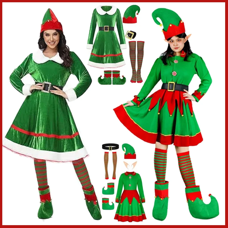 

Adult Kids Christmas Elf Costume Girls MOM Family Matching Dress Hat Socks Shoes Belt New Year Xmas Suit Velvet Dress Cosplay