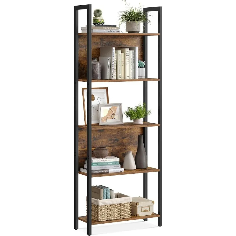 5 Shelf Bookcase, Bookcase with Steel Shelves for Living Room, Home Office, Bedroom, Rustic Brown and Black