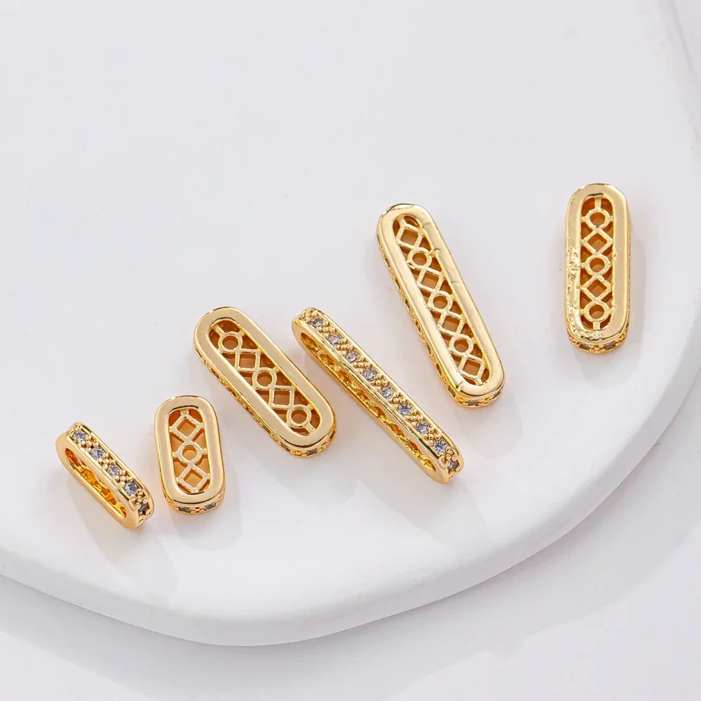 14K Gold Color Plated Porous Elliptical Zircon Bead Spacer DIY Pearl Bracelet Connector Jewelry Making Supplies Accessories 4pcs