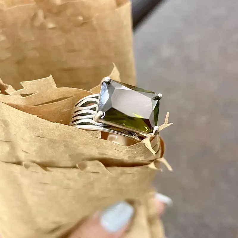 High Quality Trendy Green Crystal Flower Thai Silver All Match Female Wedding Ring Hand Jewellery Accessories Gifts Never Fade