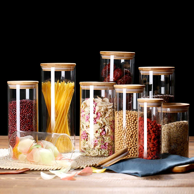 

Glass Food Storage Jars with Airtight Bamboo Lid Food Container for Coffee Beans Tea Leaves Cookies Nuts Cereal Storage Canister