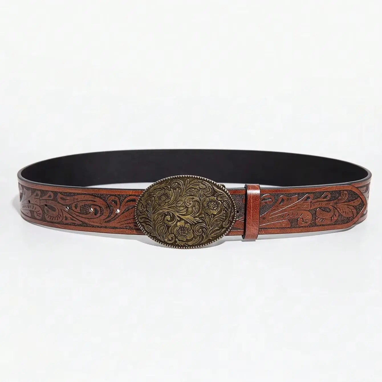 1pc women's American Western-style vintage embossed brown belt with floral oval metal large buckle decoration