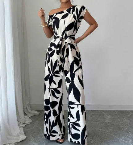 Jumpsuit Women 2026 Spring Summer New Printed Off Shoulder Short Sleeved Slanted Collar Lace Up Casual Wide Leg Jumpsuit