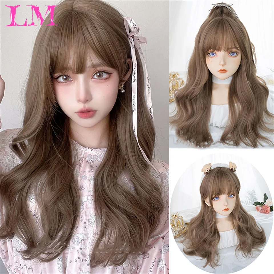 

LM Коричневые волнистые парики для женщин с челкой Длинный парик из натуральных синтетических волос Ежедневный косплей Термостойкий