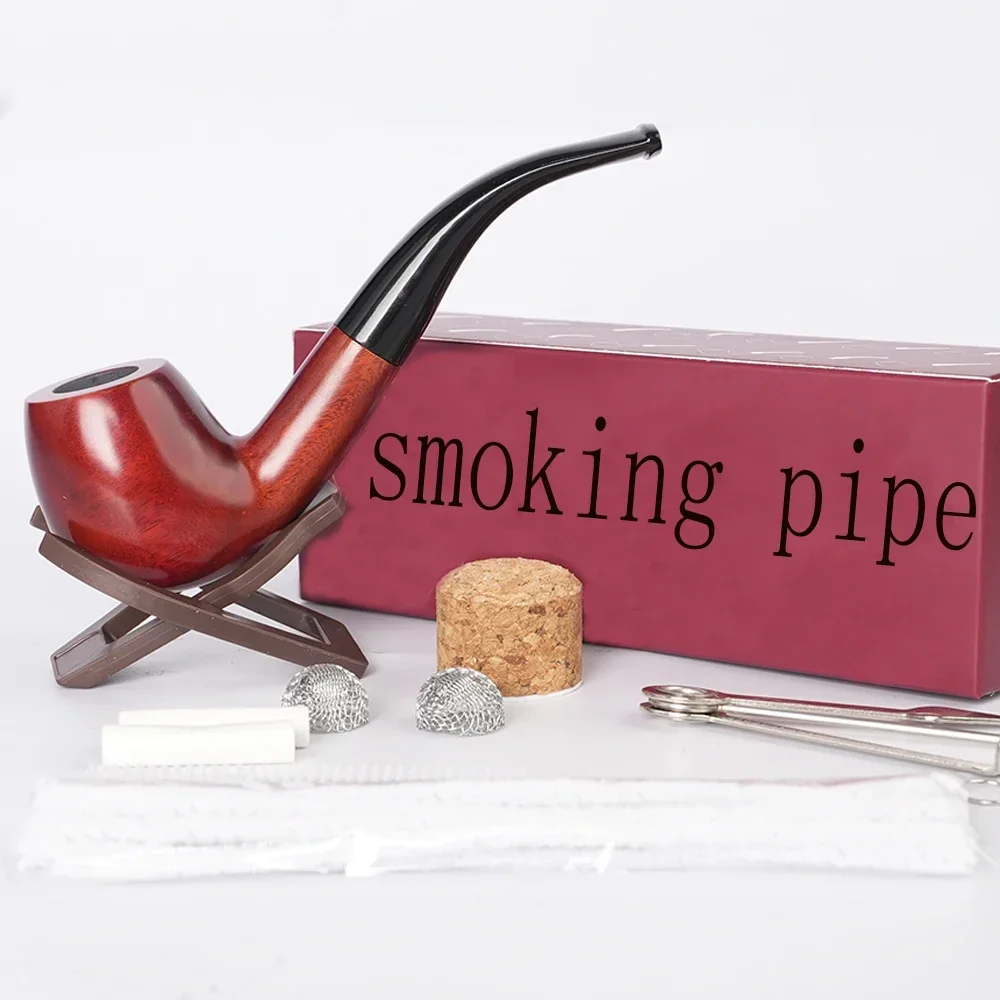 Red Sandalwood Tobacco Pipe Set ,9MM Filter Solid Wood Dry Pipe Smoking Craft Classic Curved Handle Pipe With Cleaning Kit Gift