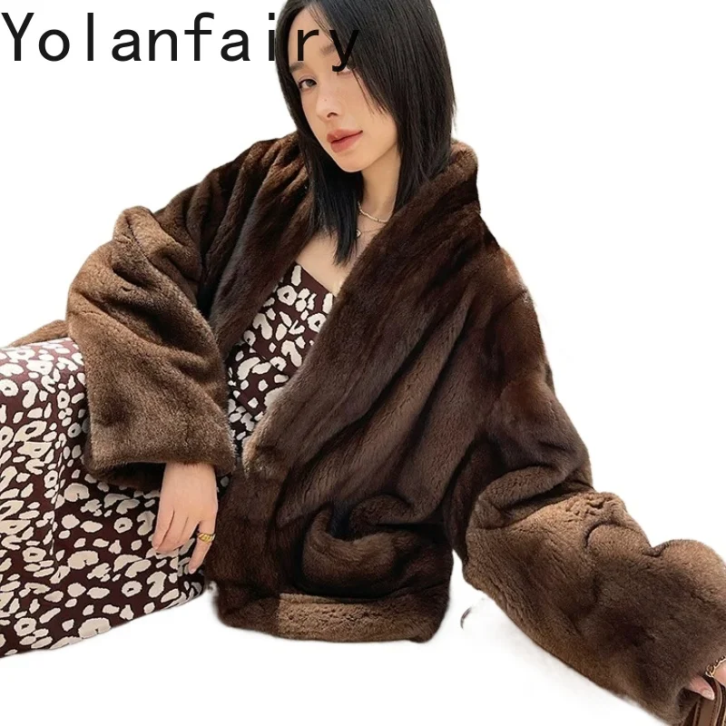 YOLANFAIRY High-end Velvet Mink Real Fur Coat Woman Elegant Winter 2026 Natural Mink Fur Jacket Loose Coffee Color Coats 60cm