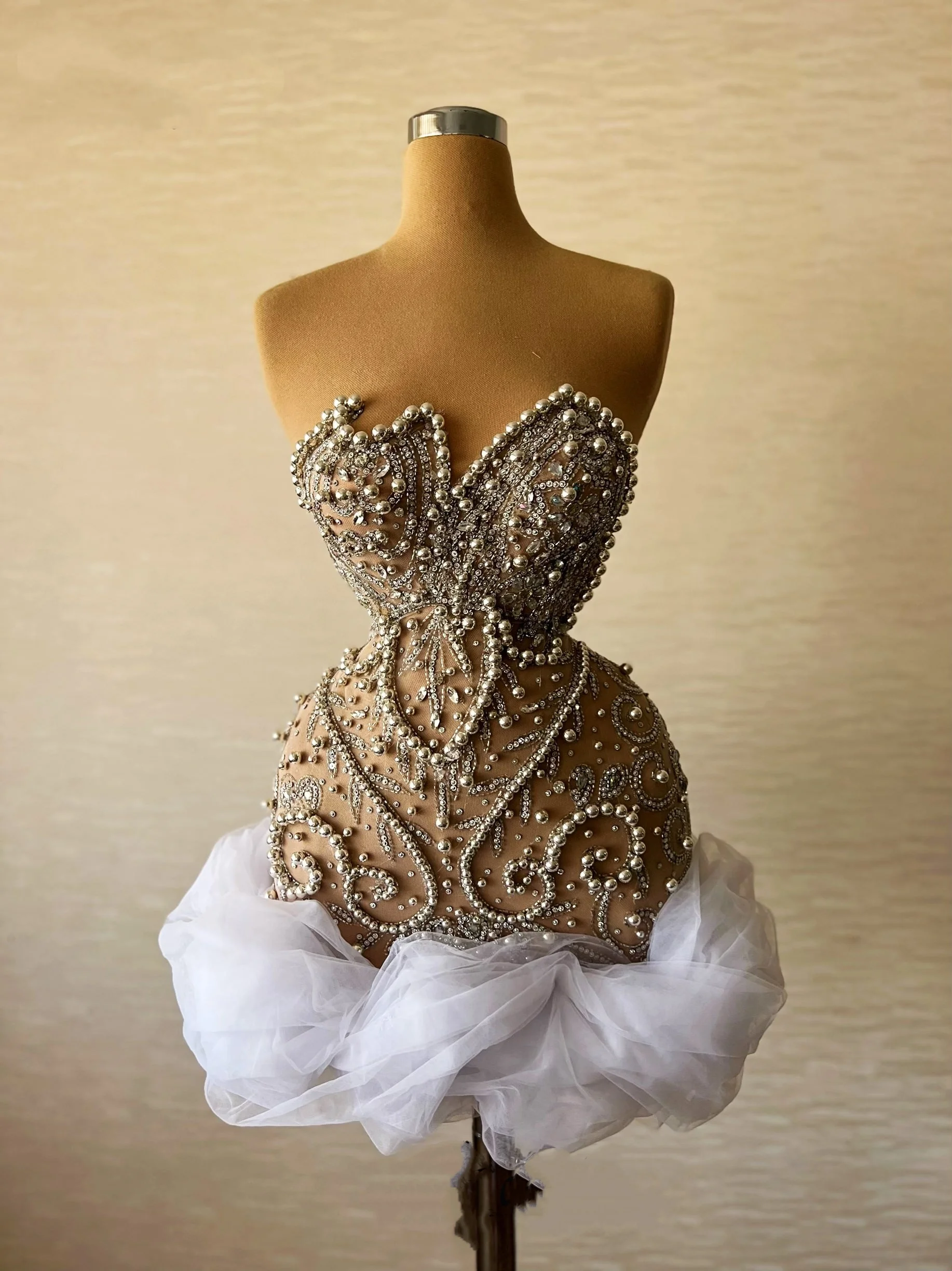 Full Beading Crystal Mini Prom Cocktail Dress Strapless Bakcless Short Ballet Dancer Skirt Heavy Handmade Couture Mini Evening
