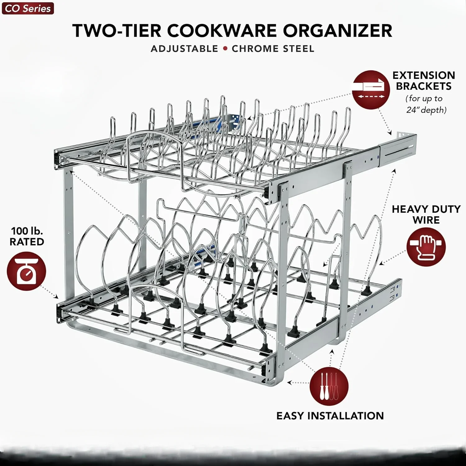 خزانة مطبخ بطبقتين قابلة للسحب مقاس 21 بوصة منظم خزانة للأواني والمقالي وأدوات المطابخ ذات الغطاء، سلك عالي التحمل قابل للتعديل #4