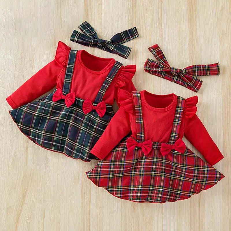 

Красная рождественская одежда 1 года, комплекты зеленого клетчатого платья принцессы Англии для новорожденных, новогодний костюм, осенний костюм для младенцев 3, 6, 9, 12 месяцев