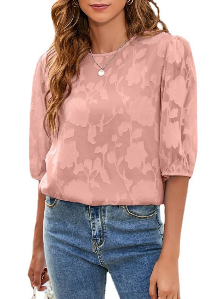 

Chiffon Loose Floral Blouse for Women, Middle Puff Sleeve Tops