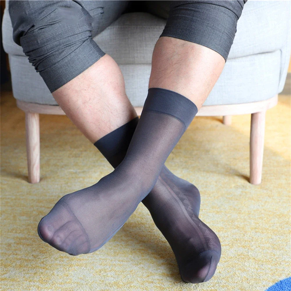 

Mens Sexy Hollow Thin Mesh Sheer Silk Evening See Through Medium Length Dress Business Breathable Socks Simple Men's Stockings