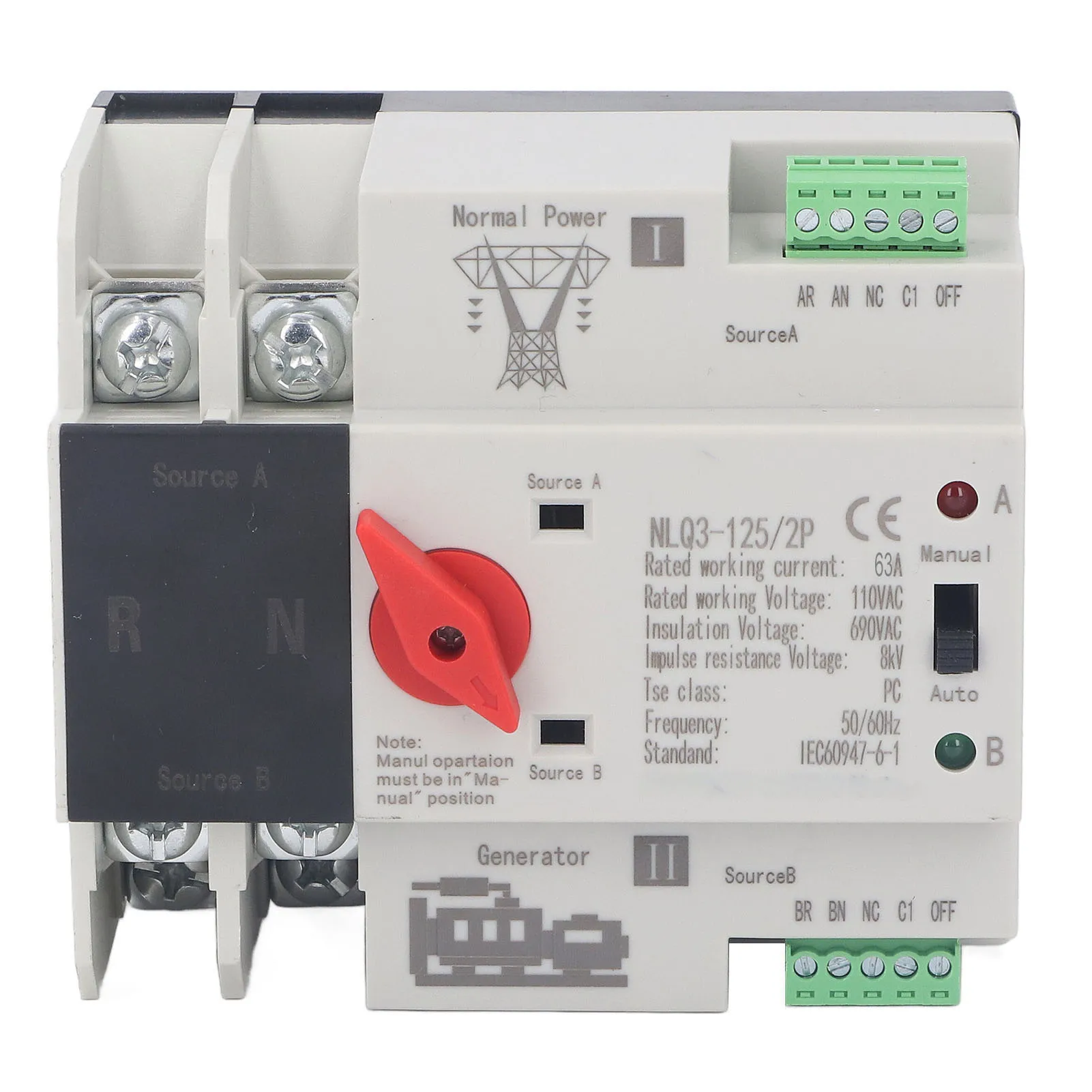 2P Dual Power Automatic Transfer Switch Generator Transfer Changeover Switch AC110V 50Hz 60Hz 63A