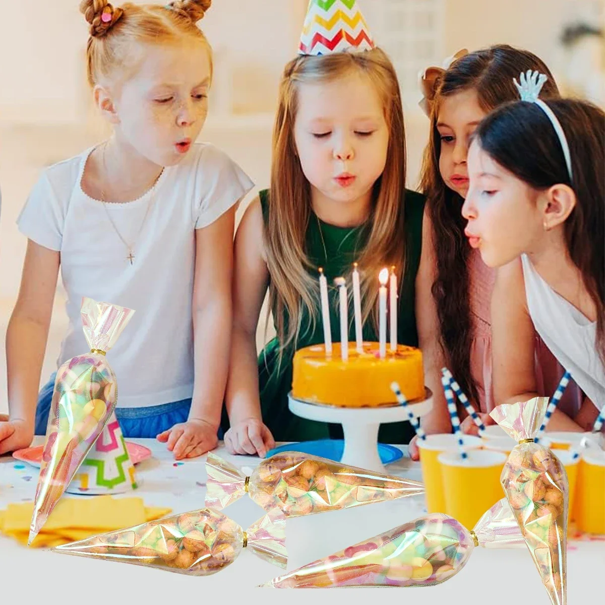 50 stücke Regenbogen Cellophan Geschenkt üten holo graphische Party bevorzugen Taschen für Geschenke, Leckereien und Veranstaltungen-perfekt für Feiertage, Geburtstage – Detail 4