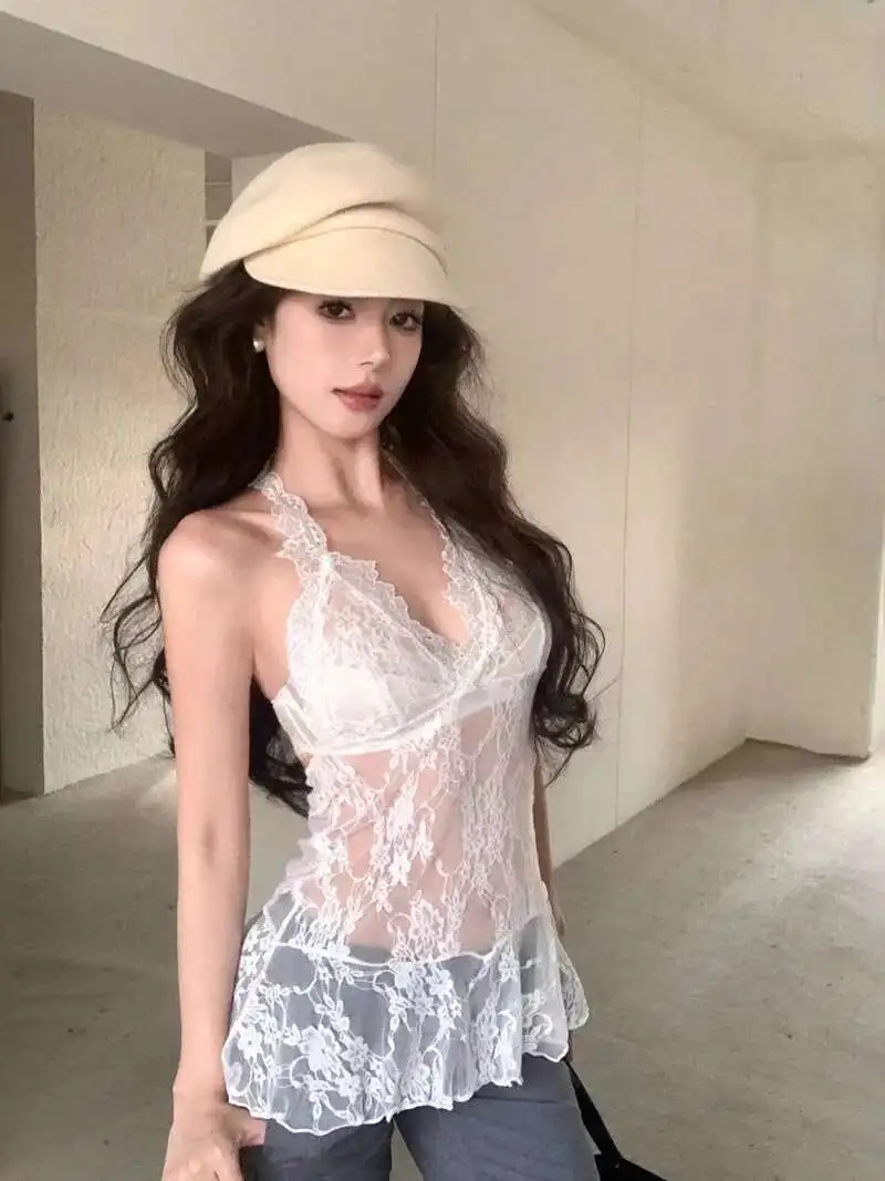 مثير الحلو الدانتيل شبكة الرقبة فستان معلق عارية الذراعين عميق الخامس الحمالات أكمام فستان شفاف ساحر أنيق جميل WDRY